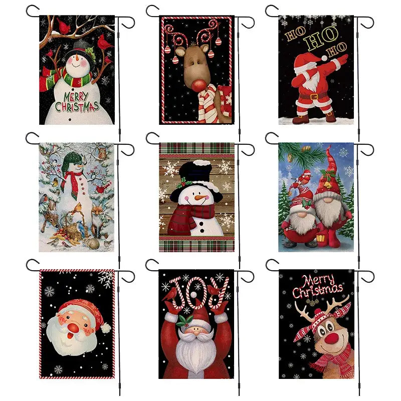 Set of nine decorbites christmas festive garden flags featuring santa snowman reindeer and gnomes holiday designs 30x45cm