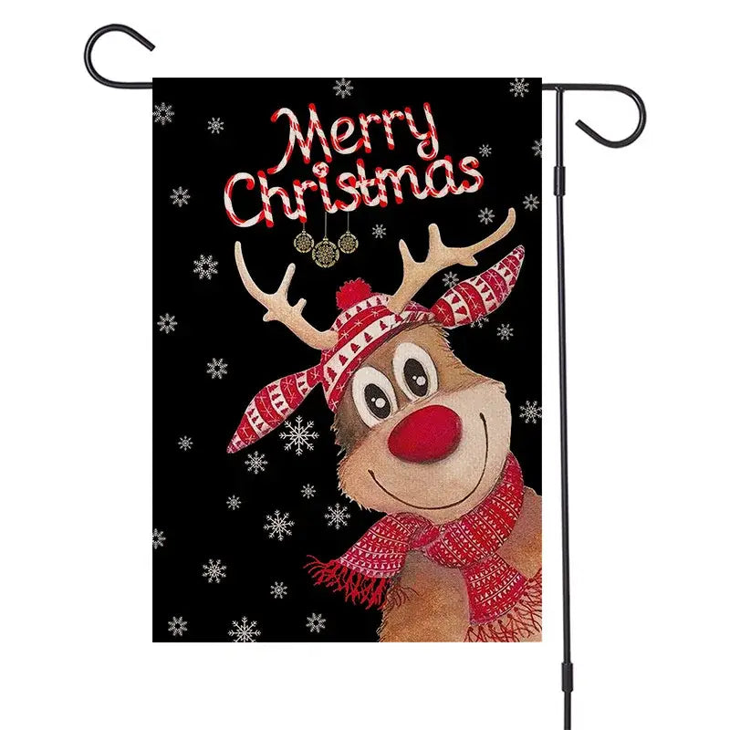 Black decorbites christmas festive garden flag with cheerful reindeer and merry christmas glittery red lettering