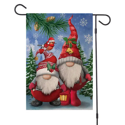 Red and white decorbites christmas festive garden flag with two festive gnomes holding a lantern 30 by 45cm