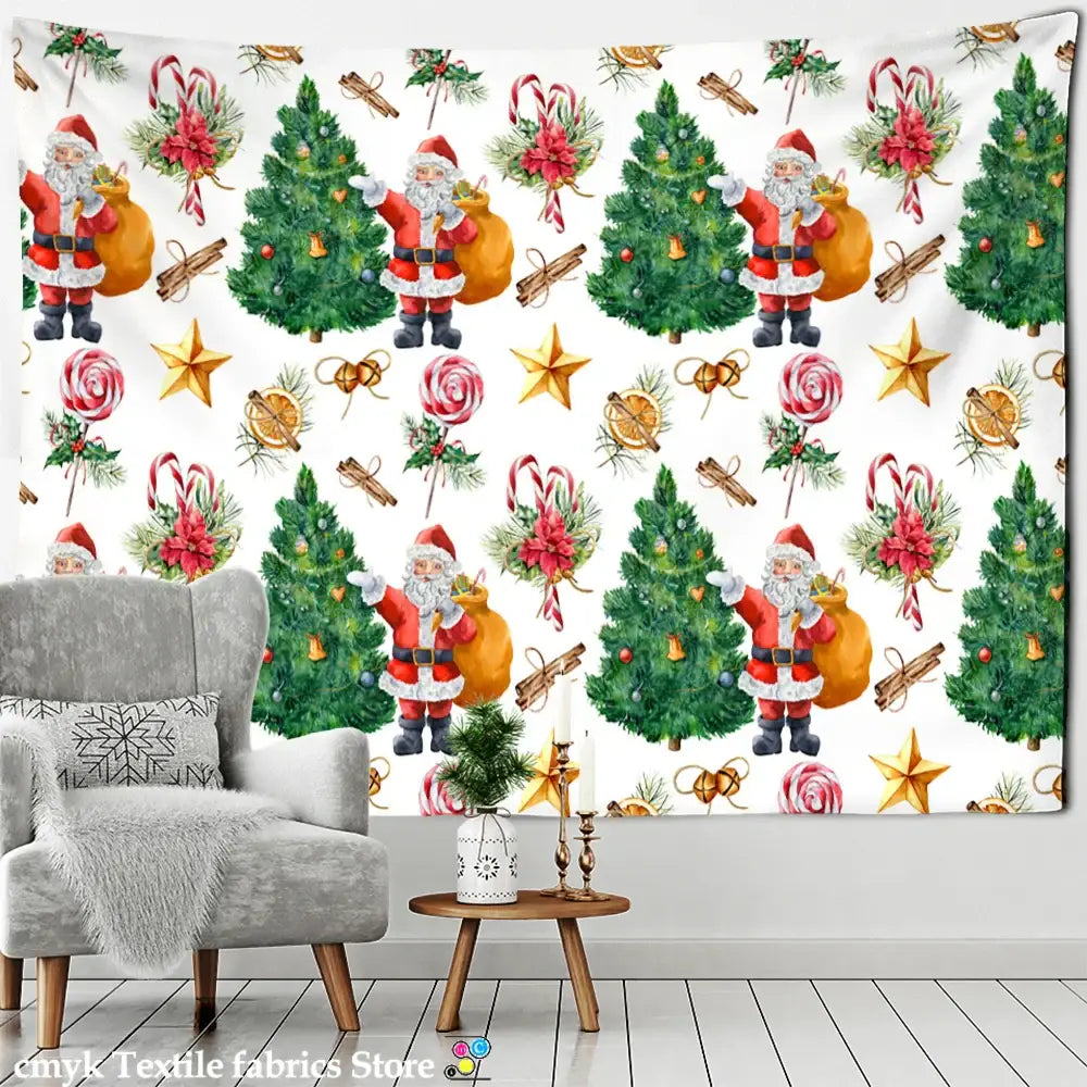 Decorbites christmas fireplace tapestry wall hanging with santa claus green pine trees candy canes and golden stars