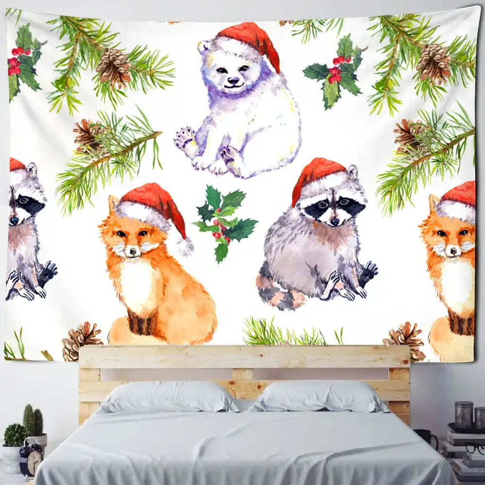Decorbites christmas fireplace tapestry featuring watercolor animals with santa hats and pine branches wall hanging