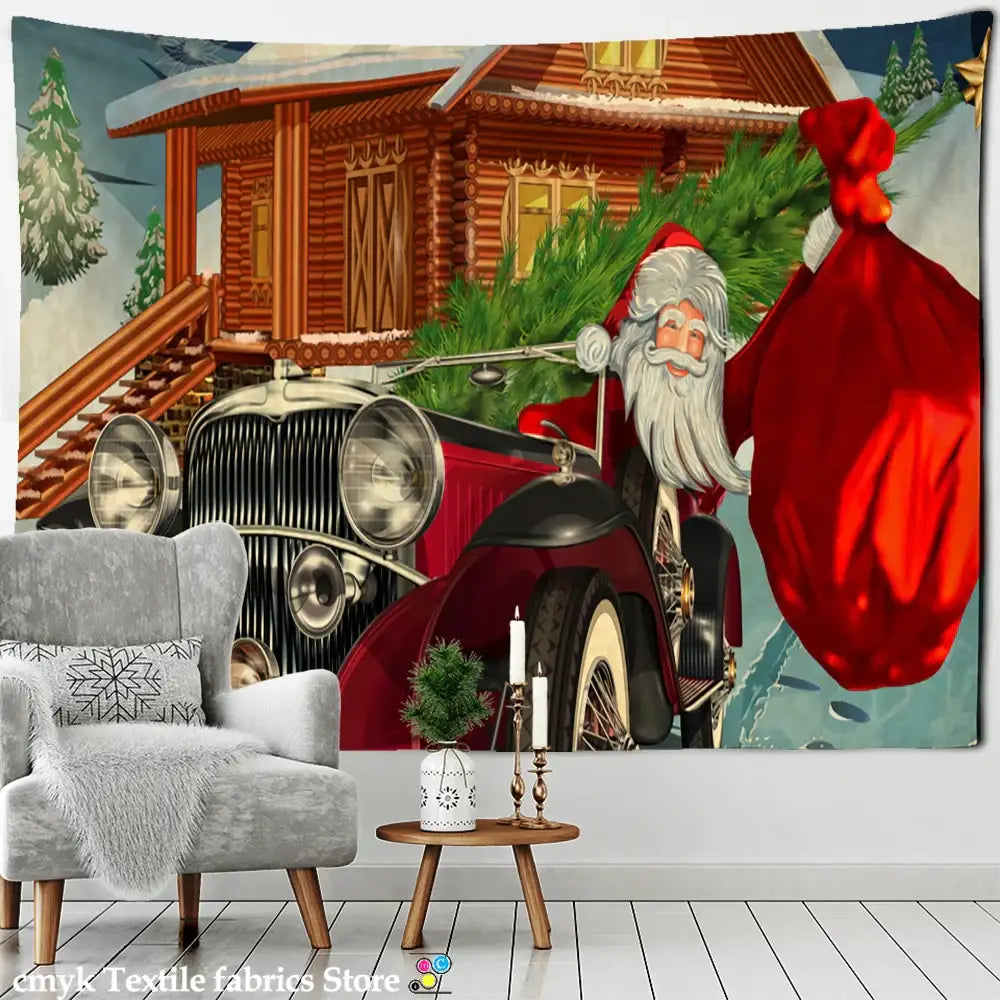 Decorbites christmas fireplace tapestry wall hanging featuring santa in red suit by vintage car with snowy cabin backdrop