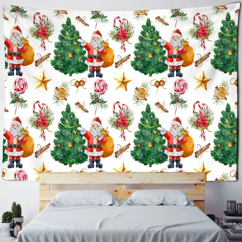 Decorbites christmas fireplace tapestry featuring santa claus green pine trees candy canes and stars on white background