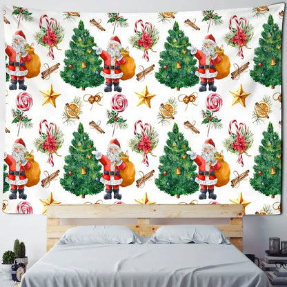 Decorbites christmas fireplace tapestry featuring santa claus green pine trees candy canes and stars on white background