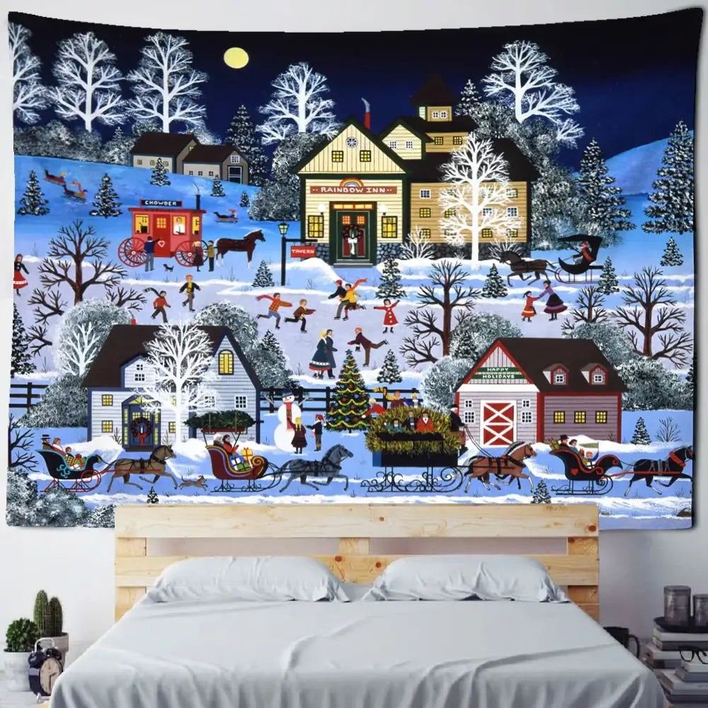 Vibrant winter village decorbites christmas fireplace tapestry with snow-covered houses and festive lights for wall decor