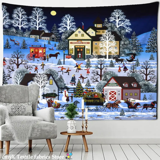 DecorBites Christmas fireplace tapestry wall hanging with vibrant winter village, snow-covered houses, and festive lights