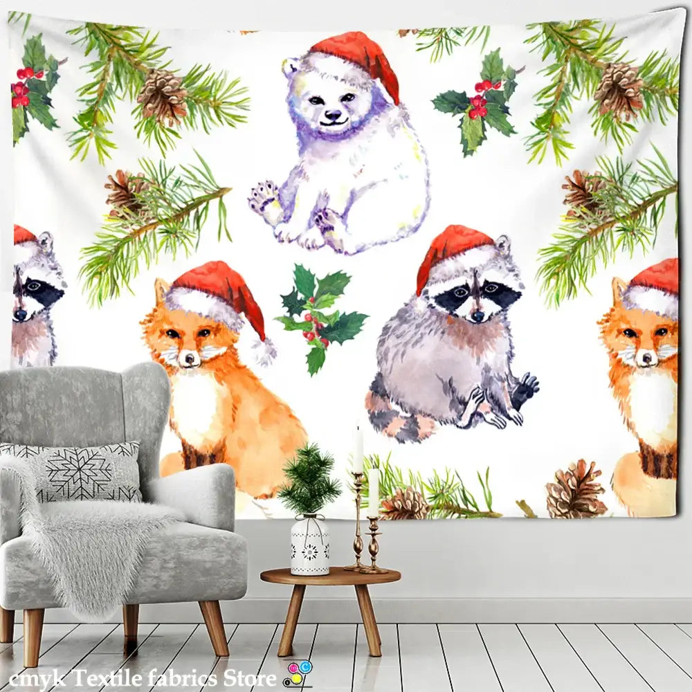 Decorbites christmas fireplace tapestry wall hanging featuring polar bears raccoons and foxes in santa hats
