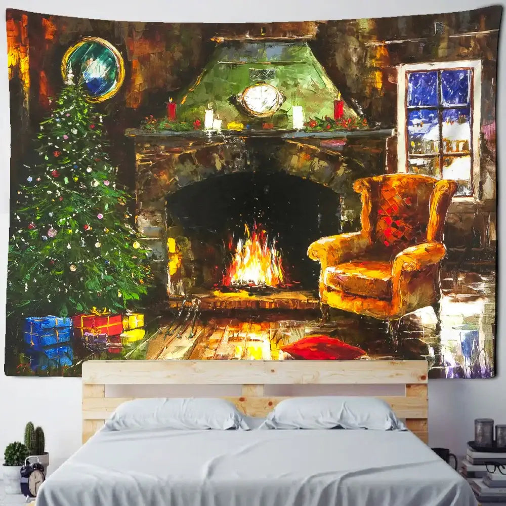 Cozy DecorBites Christmas fireplace tapestry wall hanging featuring a stone fireplace, ornate armchair, and decorated tree