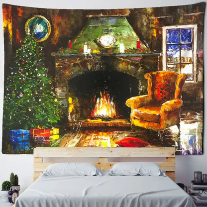 Decorbites christmas fireplace tapestry wall hanging featuring a stone fireplace with flickering flames and festive decor