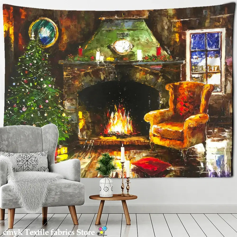 Cozy rustic decorbites christmas fireplace tapestry wall hanging featuring a stone fireplace and festive christmas tree