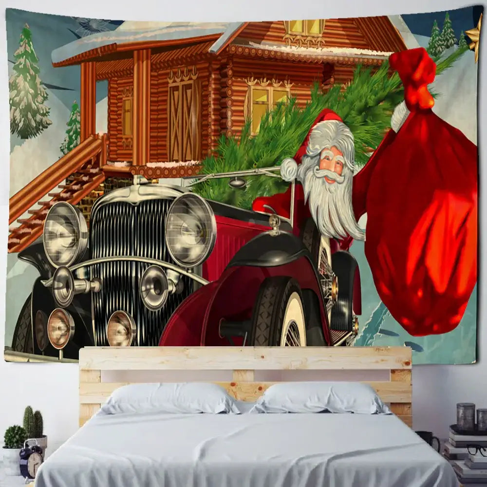 Red and black vintage car tapestry featuring santa claus with gifts for decorbites christmas fireplace wall hanging