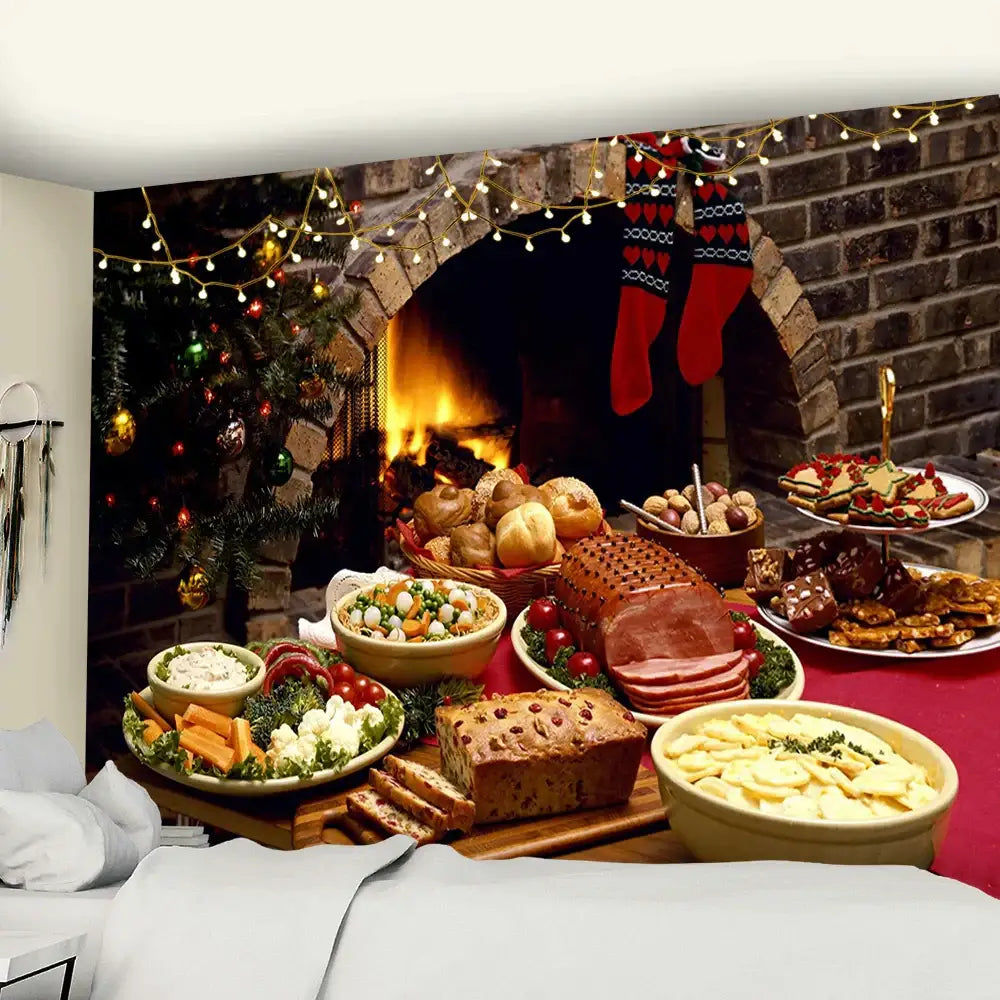 Cozbites christmas fireplace tapestry wall hanging features a cozy stone fireplace with festive stockings and holiday food