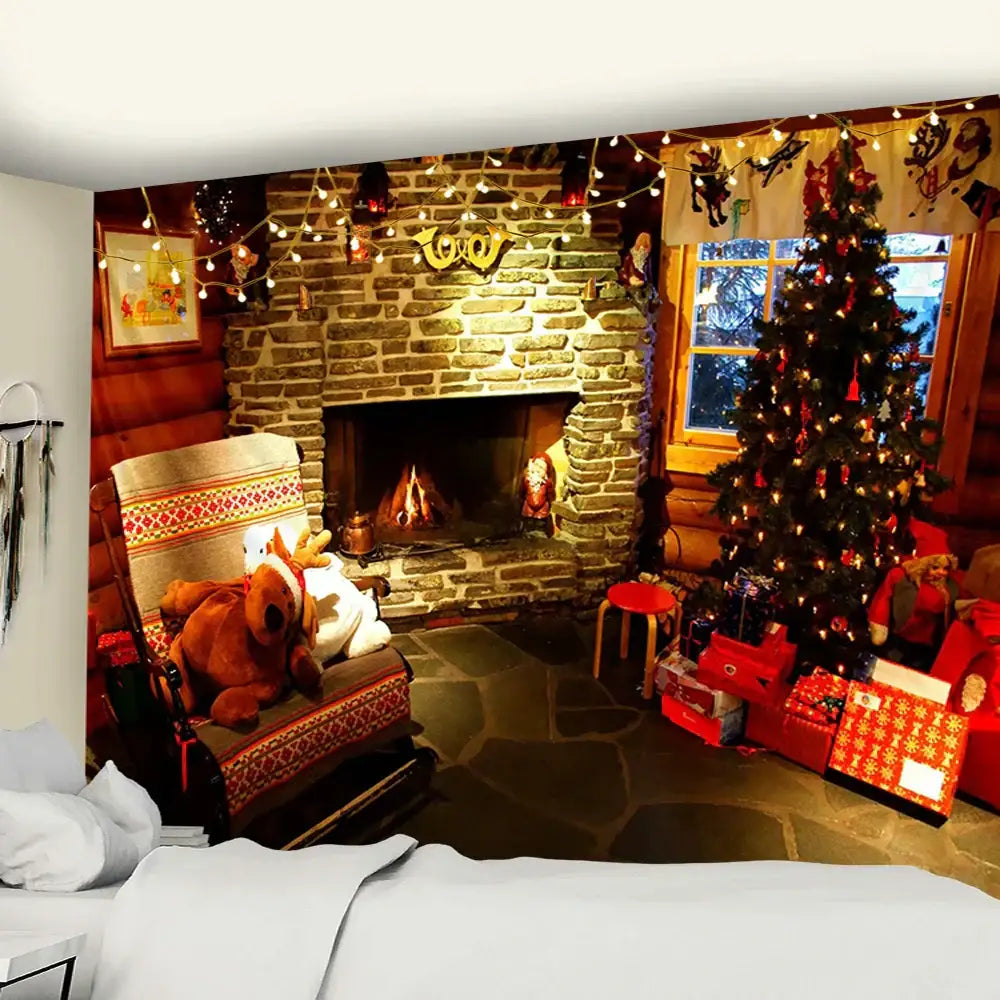 Cozy decorbites christmas fireplace tapestry wall hanging with warm fire, stone design, festive decorations, and twinkling lights