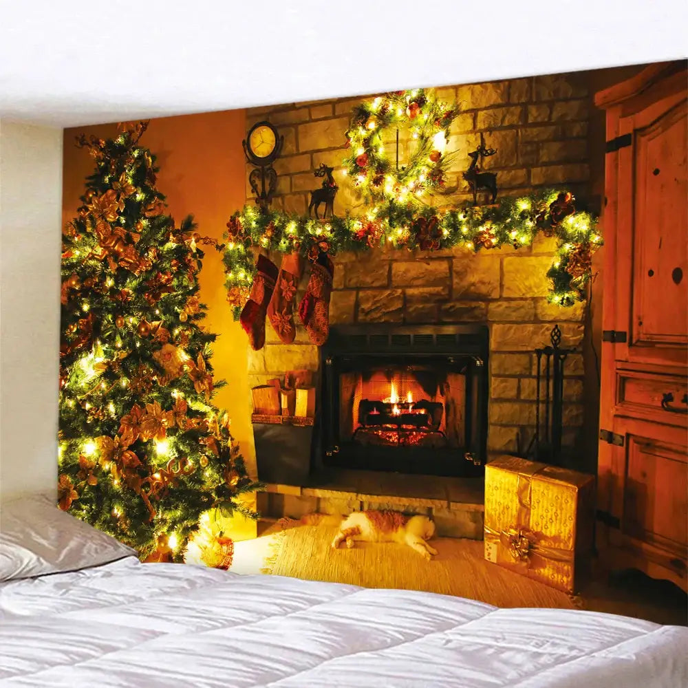 Cozy decorbites christmas fireplace tapestry wall hanging with glowing lights and garlands for festive decorbites tree tapestry wall