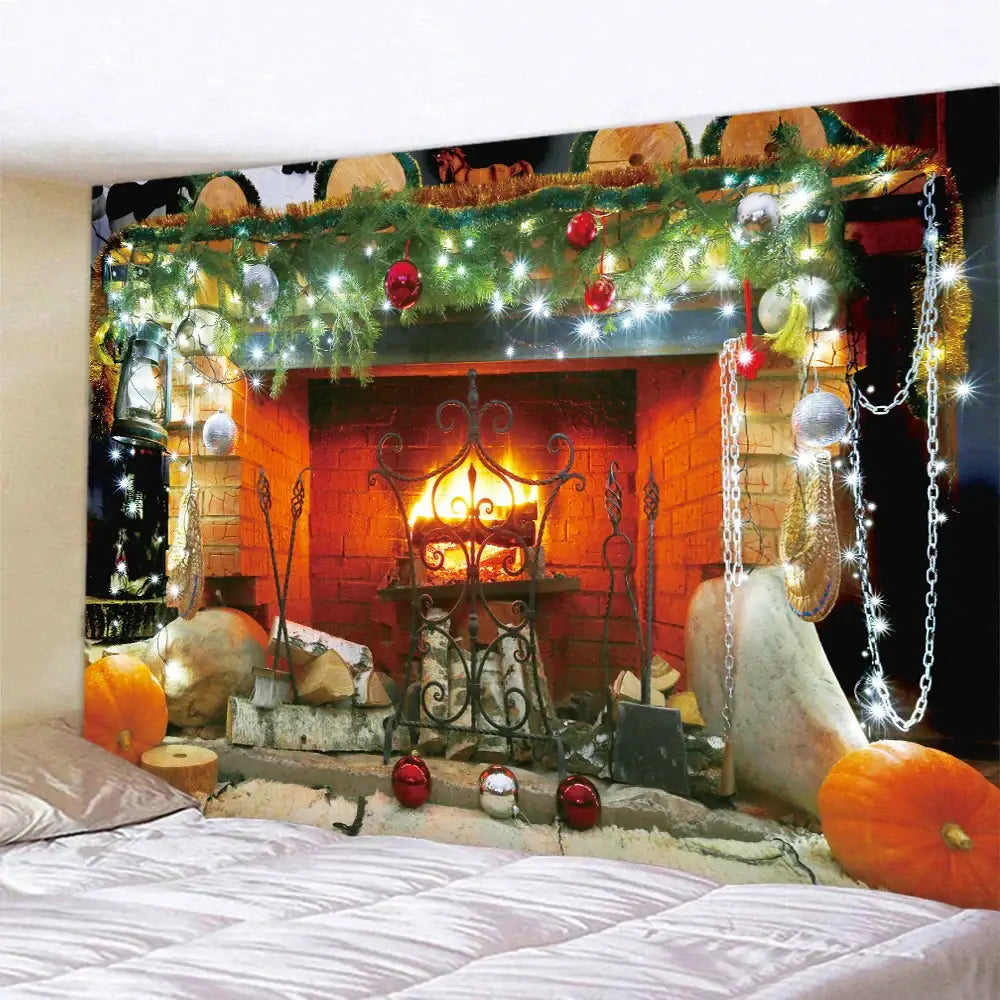 Cozy red brick decorbites christmas fireplace tapestry wall hanging with twinkling lights green garland and festive ornaments