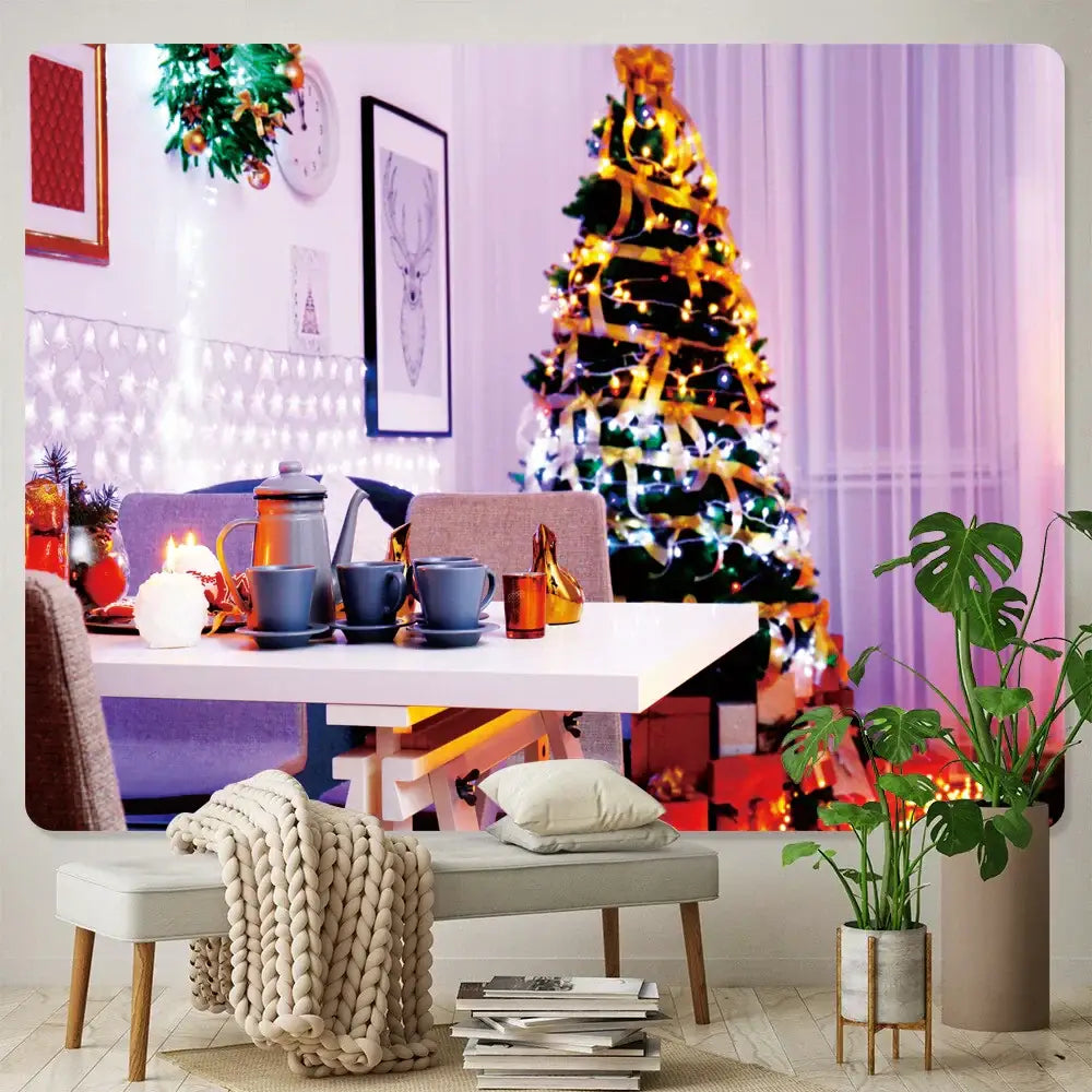 Festive decorbites christmas fireplace tapestry wall hanging featuring a golden ribbon adorned tree tapestry wall with lights