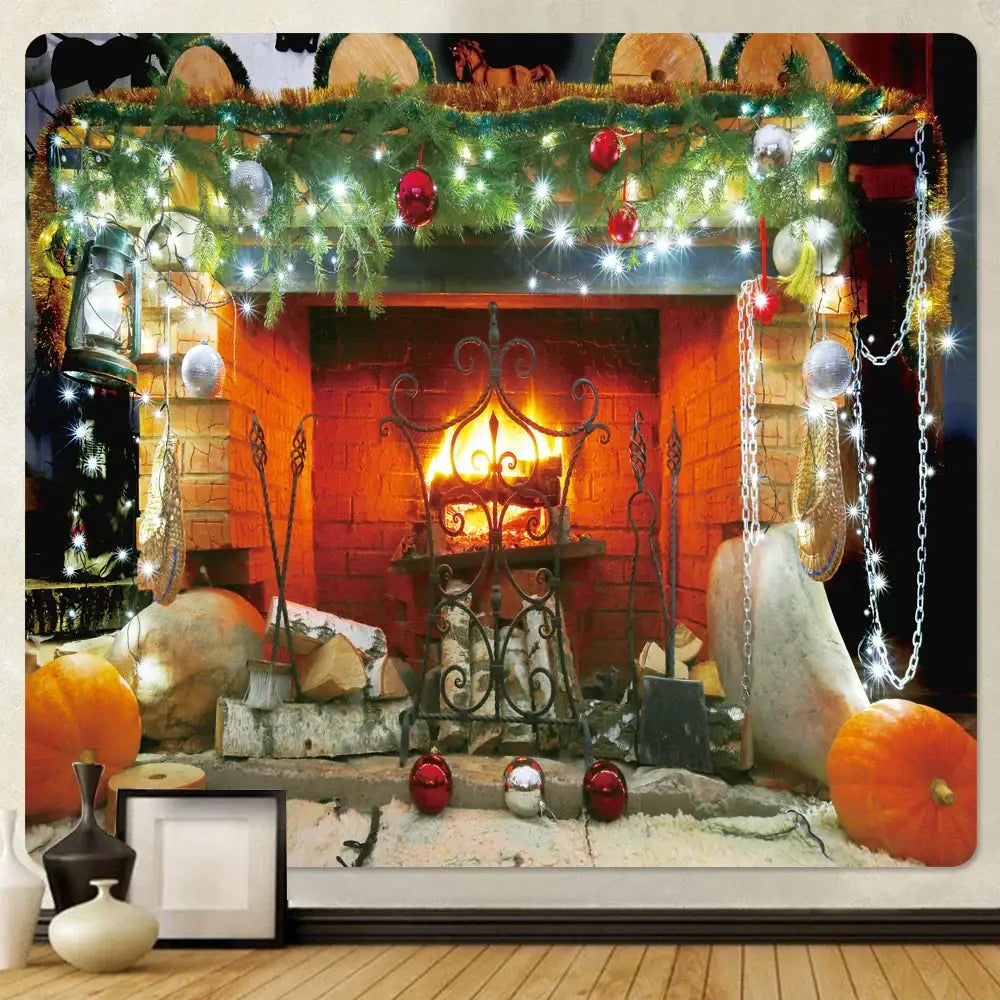 Decorbites christmas fireplace tapestry wall hanging with glowing lights green garlands red ornaments and pumpkins above brick hearth