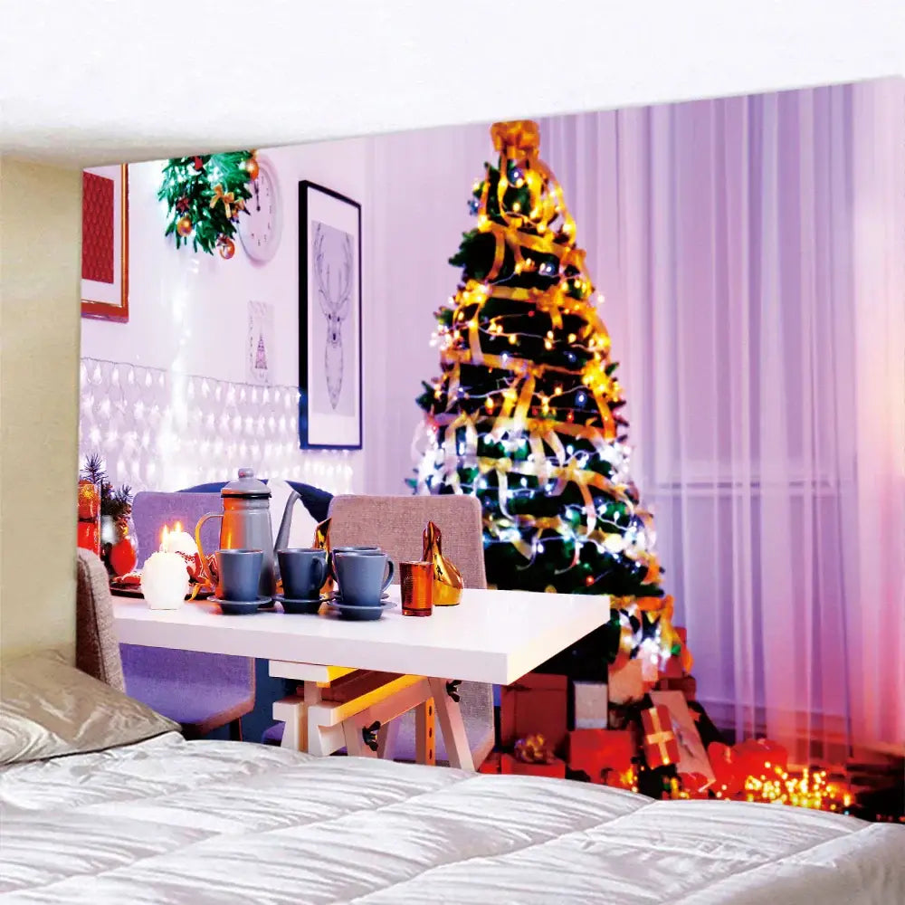 Decorbites christmas fireplace tapestry wall hanging with golden lights and ribbons featuring cozy dining decor