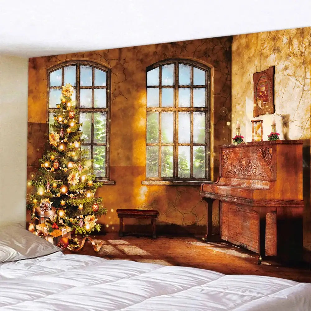 Warm-toned decorbites christmas fireplace tapestry wall hanging depicting a cozy sunlit room with arched windows and piano