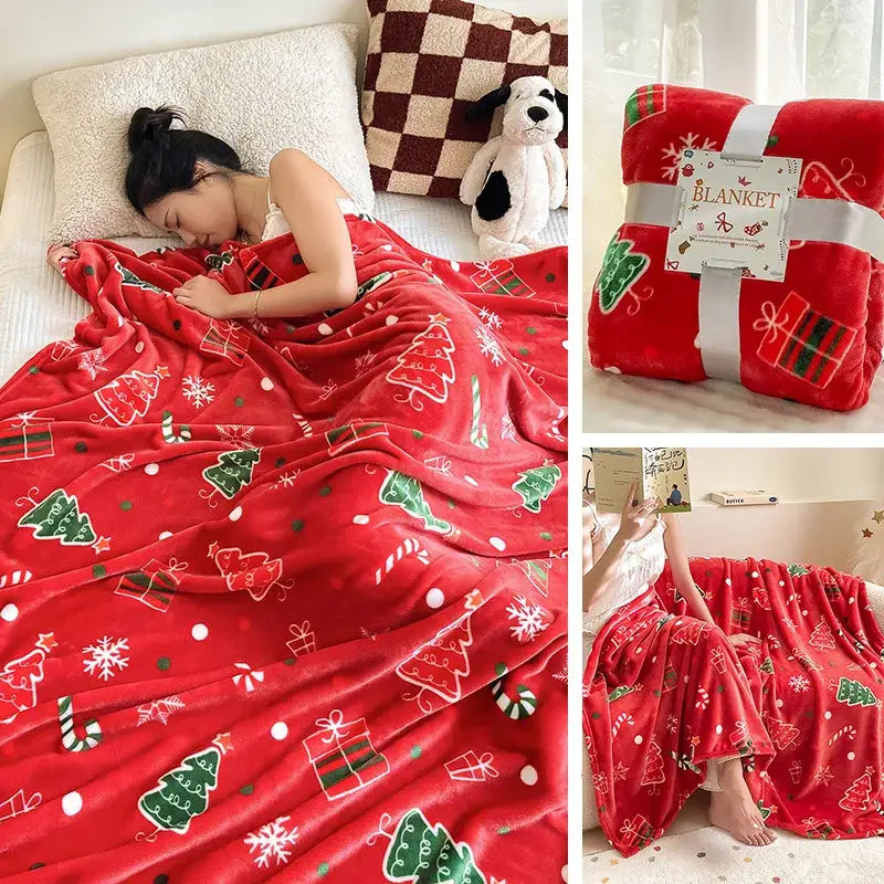 Red decorbites christmas flannel blanket with green trees candy canes and gift boxes on soft cozy fleece material