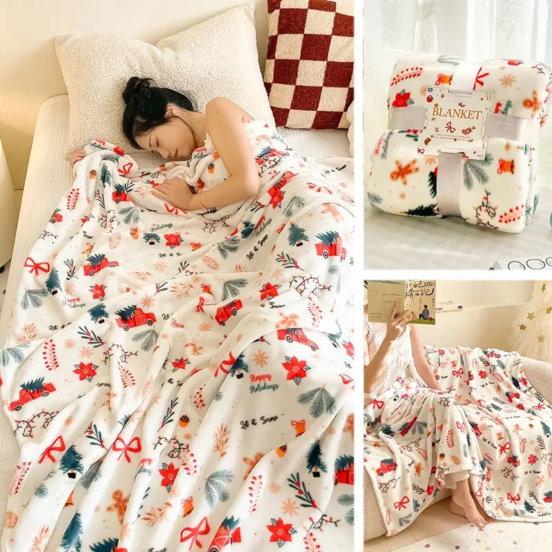 A cozy white fleece decorbites christmas flannel blanket with festive red green and orange holiday designs for home use