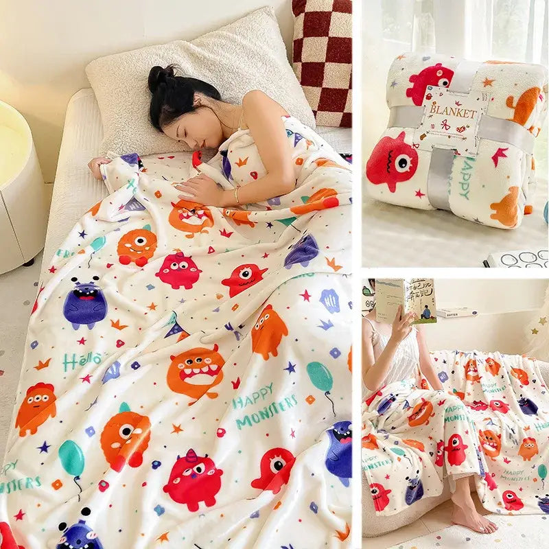 Decorbites christmas flannel blanket in white with colorful cartoon monsters stars and balloons soft and cozy design