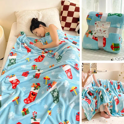 Light blue plush decorbites christmas flannel blanket with festive stockings gifts candy canes and snowflakes pattern