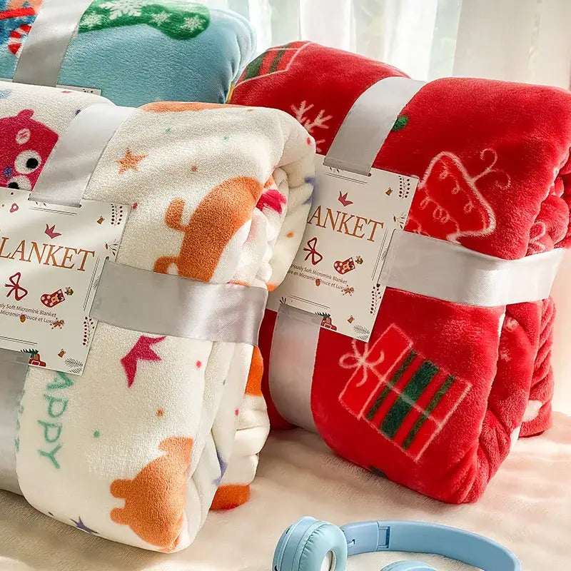 Red plush decorbites christmas flannel blanket with embroidered gift box and festive patterns for home and office use
