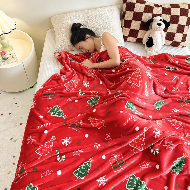 Red plush christmas flannel blanket by decorbites with green trees candy canes and snowflakes on soft cozy fleece material