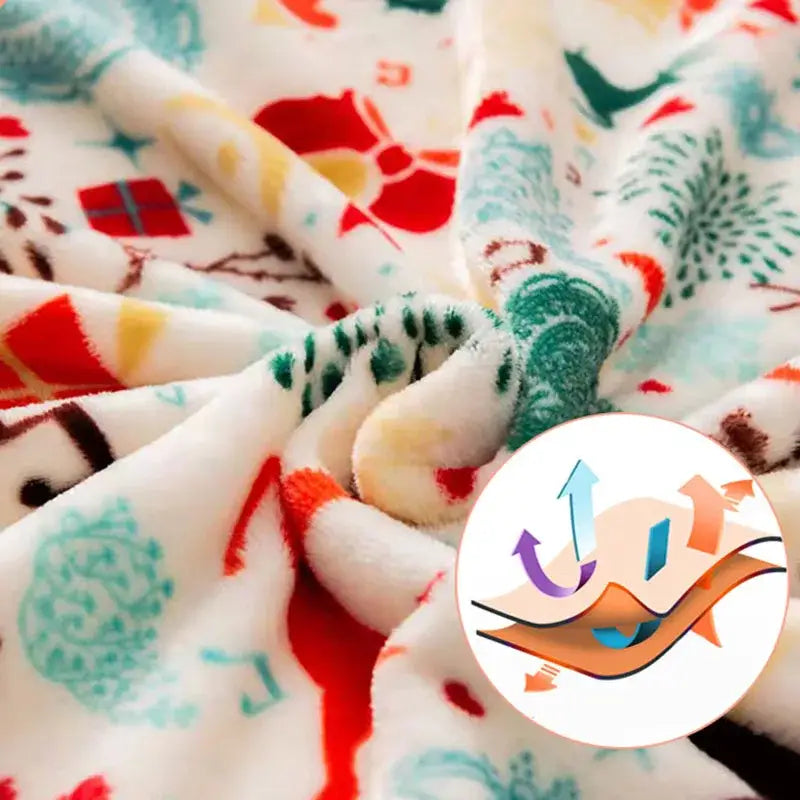 A cozy white plush decorbites christmas flannel blanket with festive red green and teal holiday motifs for winter use