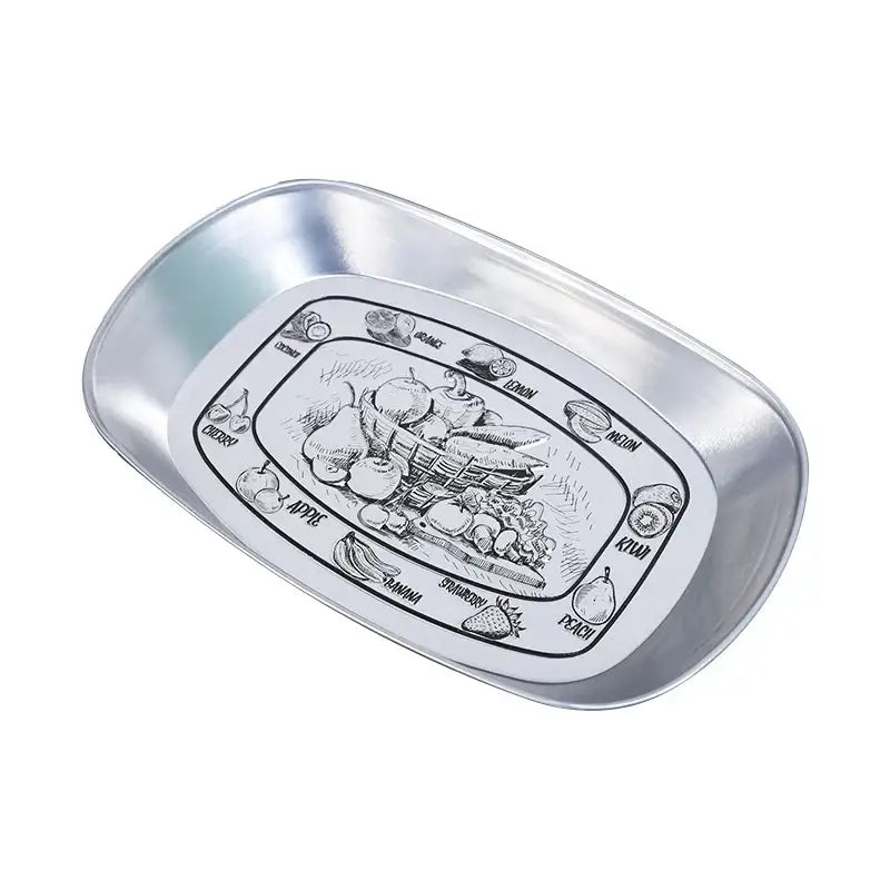 Silver rectangular christmas fruit tray with black and white fruit illustration labeled produce edges decorative plate
