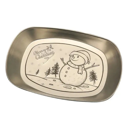 Rectangular metallic christmas fruit tray with festive snowman design merry christmas inscription and pine trees