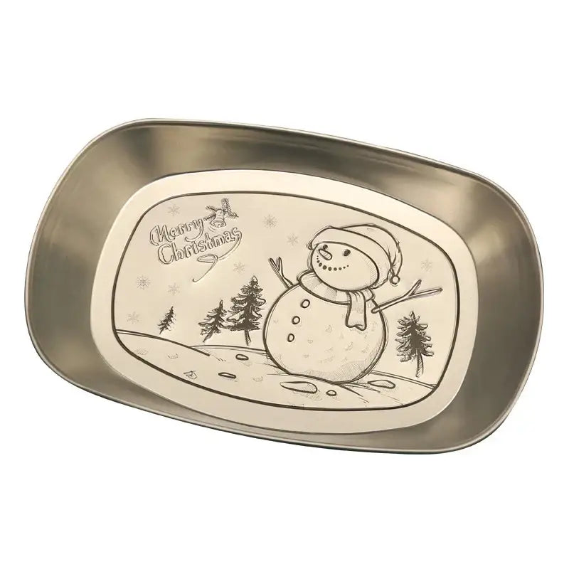Rectangular metallic christmas fruit tray with festive snowman design merry christmas inscription and pine trees