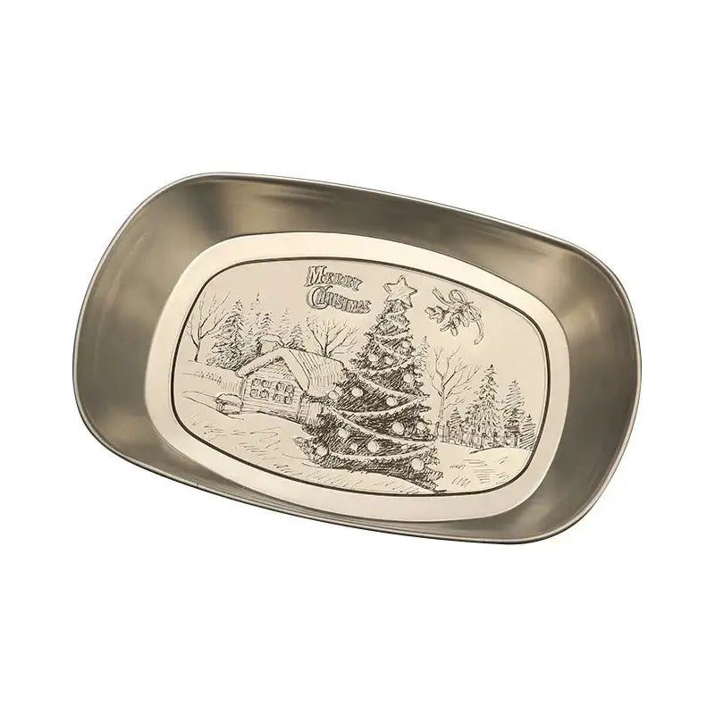Silver metallic DecorBites™ christmas fruit tray with engraved festive scene and merry christmas text for holiday serving