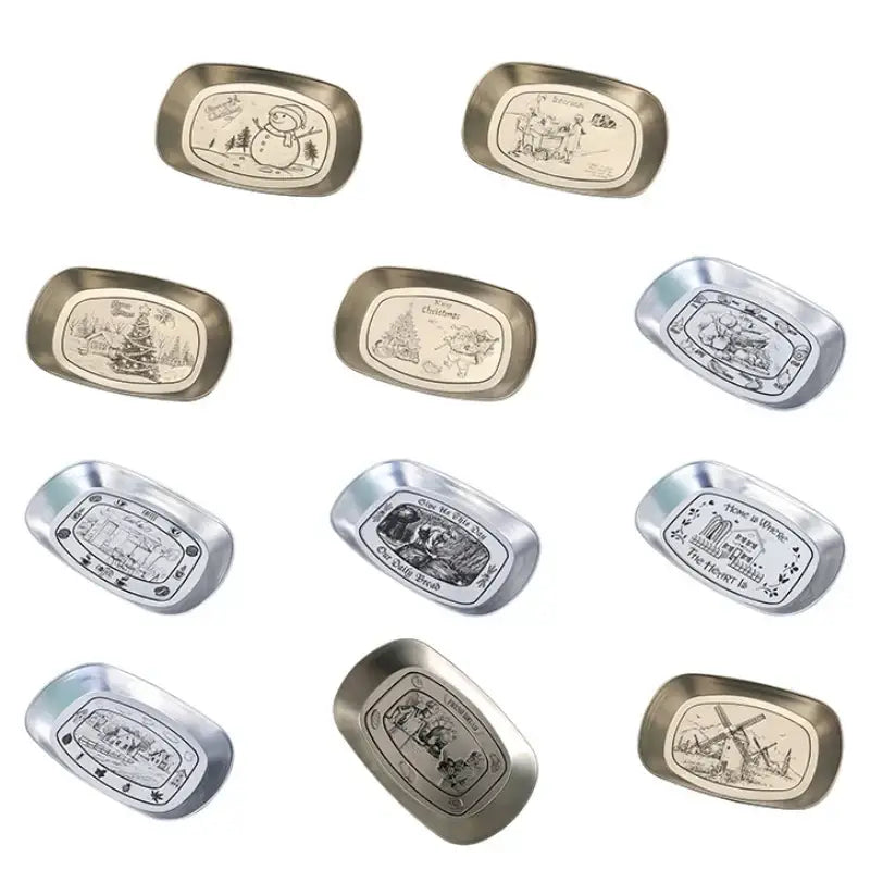 Set of ten oval metallic christmas fruit trays with engraved santa claus and snowman seasonal prints by decorbites