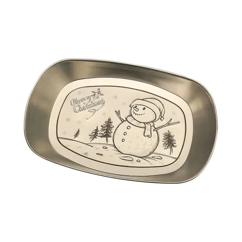 Metallic christmas fruit tray cream center with festive snowman pine trees and merry christmas text by decorbites
