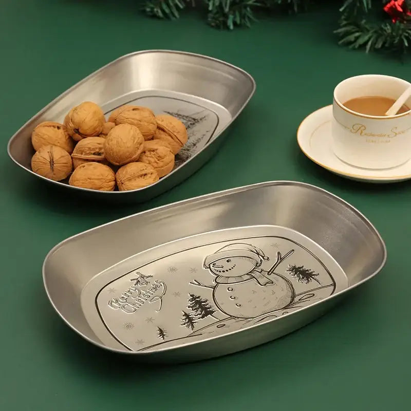 Silver metallic christmas fruit tray with festive snowman and christmas tree design by DecorBites™