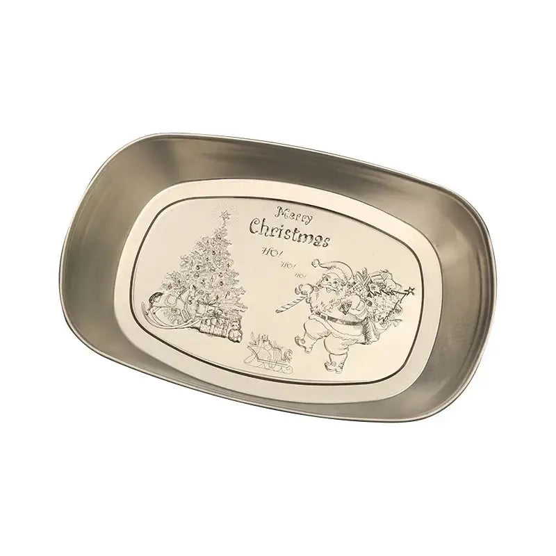 Silver christmas fruit tray with santa claus engraved design decorated tree and merry christmas text by decorbites