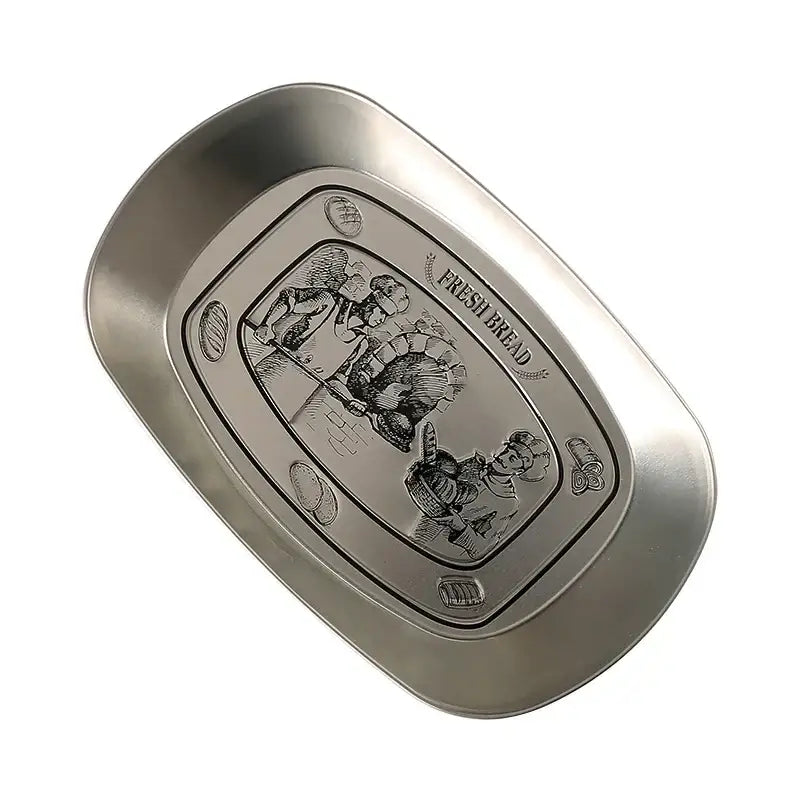Silver metallic christmas fruit tray with embossed baker and bread design and fresh bread text on edge for DecorBites