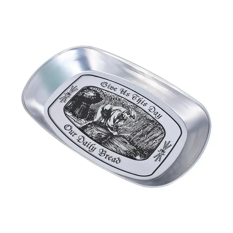 Silver metal soap dish with engraved religious scene and give us this day our daily bread text for christmas fruit tray use