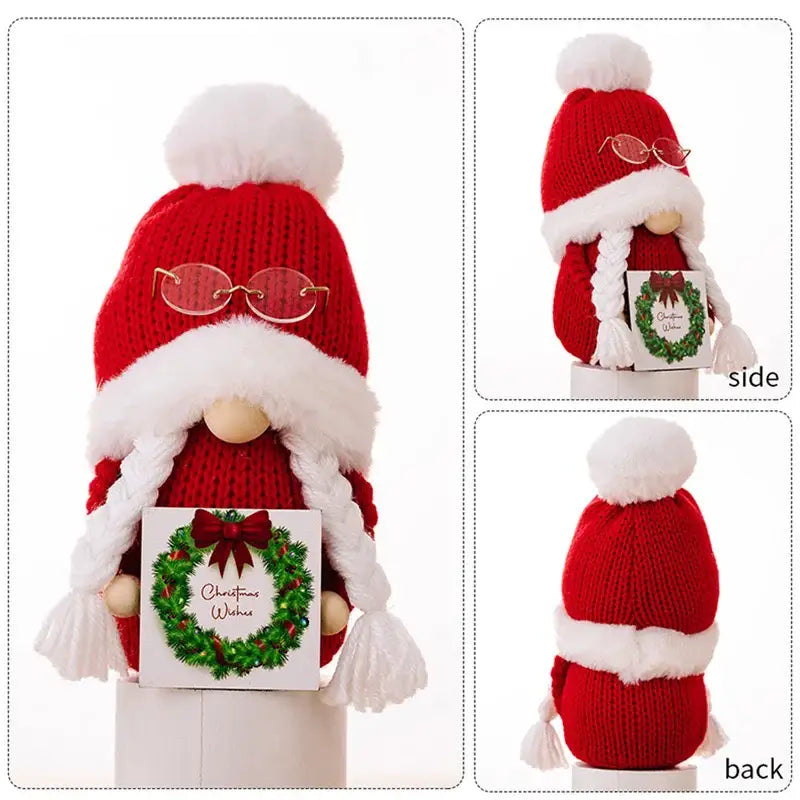Decorbites christmas gnome doll in red knitted hat with white fur trim and gold glasses holding christmas wishes card