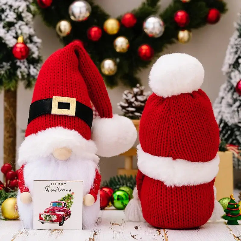 Red knitted christmas gnome doll with white fluffy beard and pom-pom hat for xmas home decor by decorbites