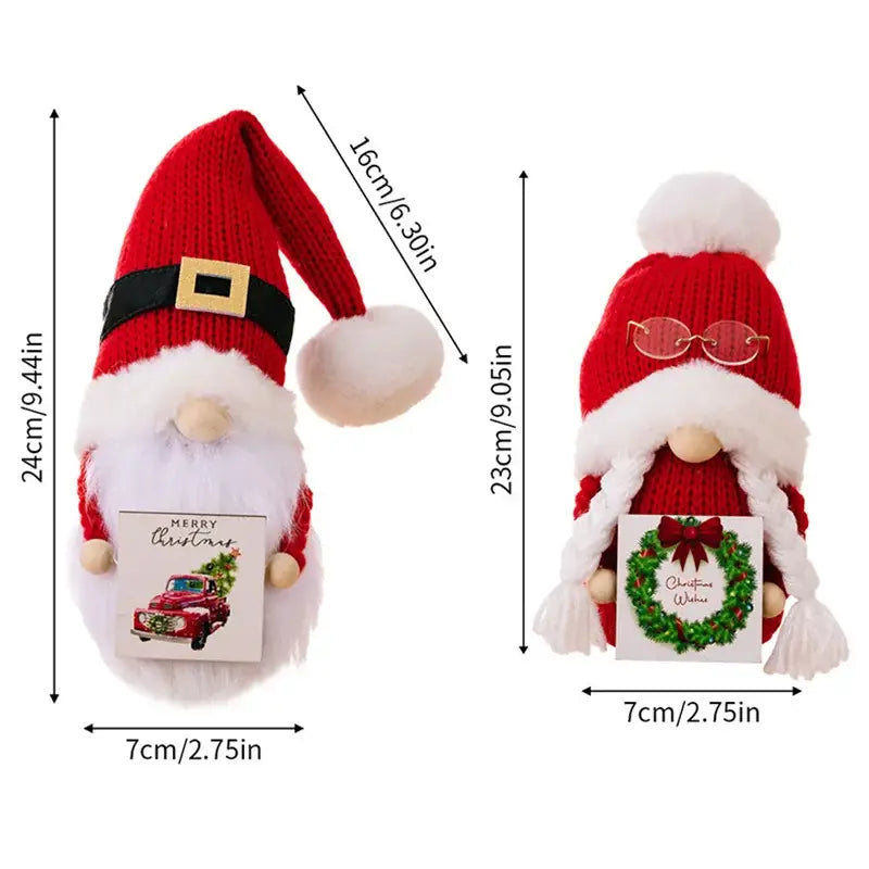 Red knitted christmas gnome doll with white fur trim and black belt holding a holiday card for xmas home decor