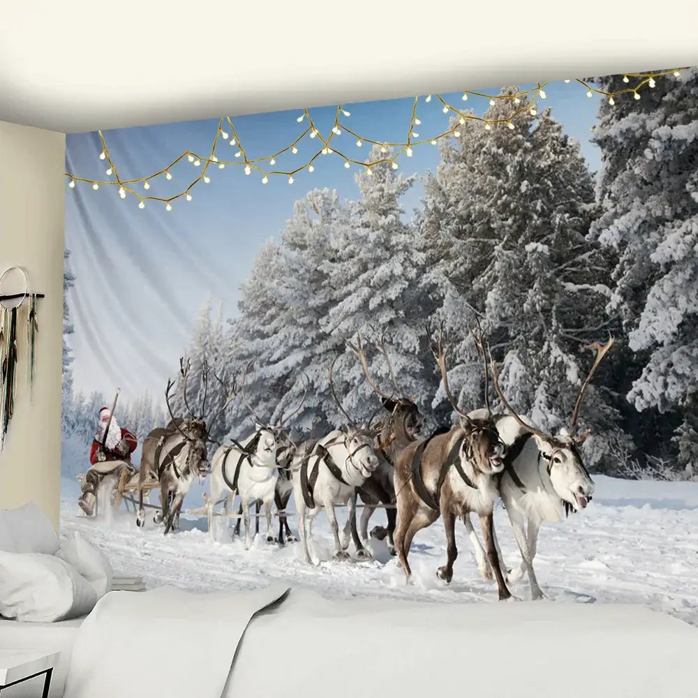 Decorbites christmas god deer tapestry features santa in red suit riding sleigh with reindeer in snow-covered forest