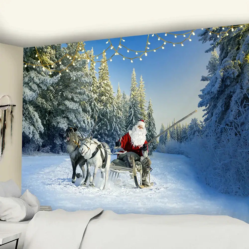 Decorbites christmas god deer tapestry featuring santa in red suit riding sleigh with two reindeer in snowy forest