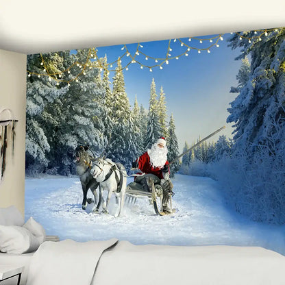 Decorbites christmas god deer tapestry featuring santa in red suit riding sleigh with two reindeer in snowy forest