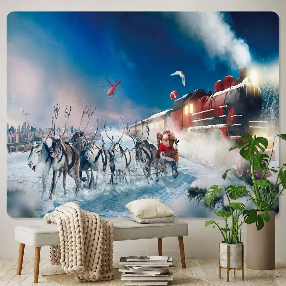 A vibrant red and black steam locomotive with santa and reindeer on a winter decorbites christmas god deer tapestry