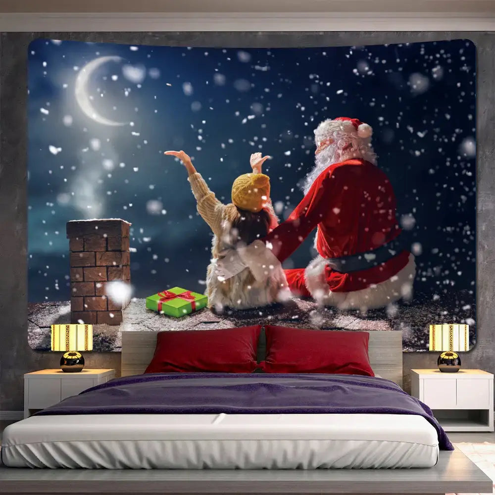 Decorbites christmas god deer tapestry featuring santa claus and child under snowy night sky with crescent moon