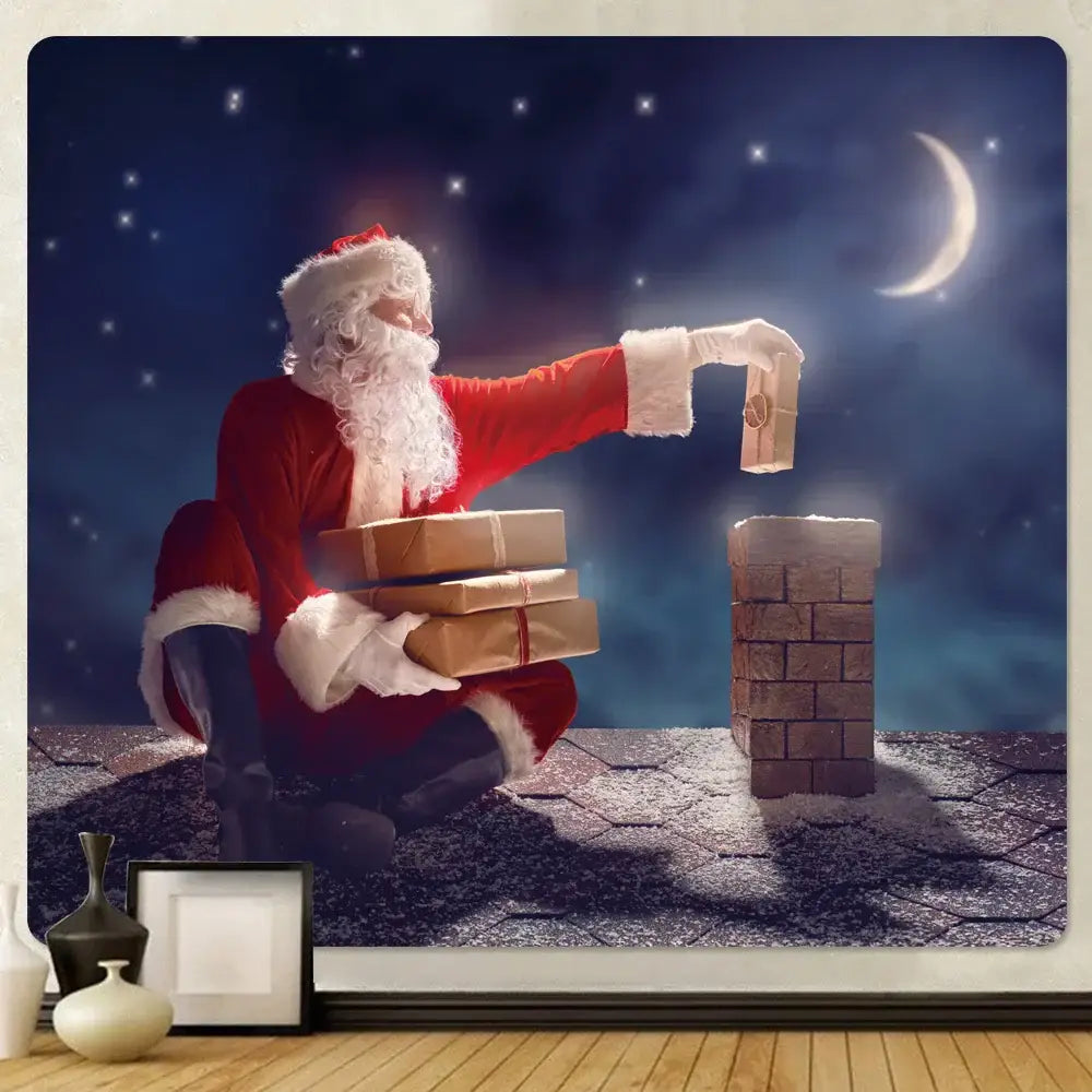 Decorbites christmas god deer tapestry featuring santa claus in red velvet suit delivering gifts by brick chimney at night