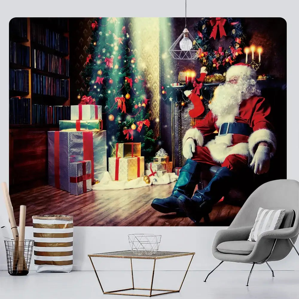 Decorbites christmas god deer tapestry featuring santa claus in red suit beside decorated tree with gifts wall hanging